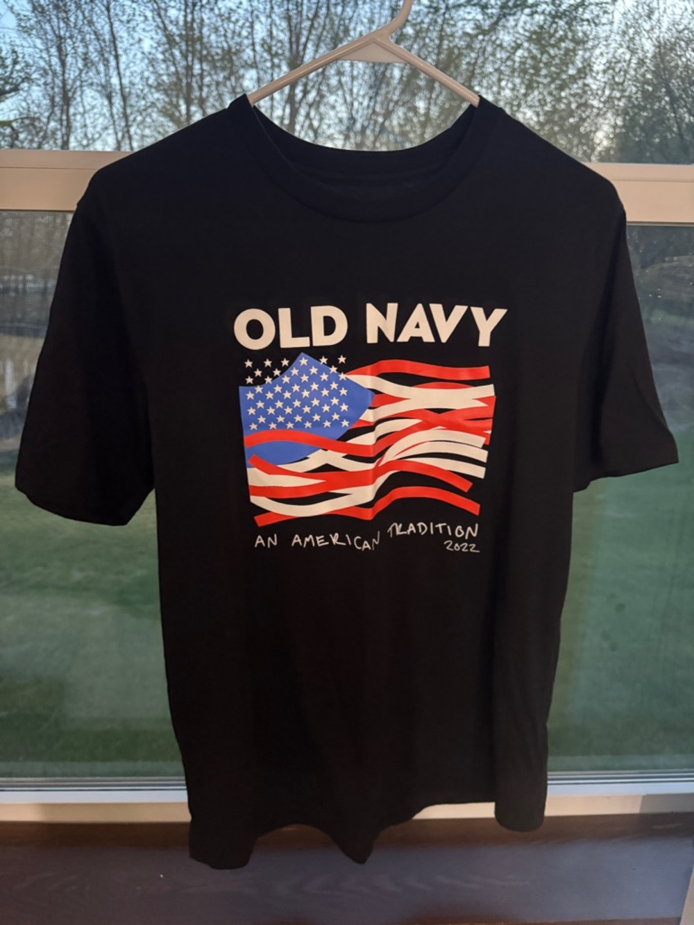 Old Navy Black Short-Sleeve Tee with Red, White & Blue Flag Graphic